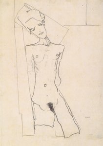 Nudo femminile in piedi davanti a forme geometriche